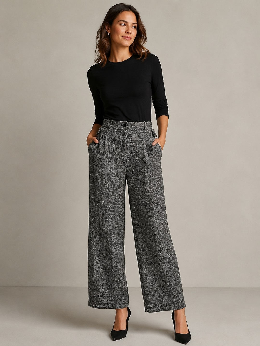Wide-Leg Textured Gray Dress Pants